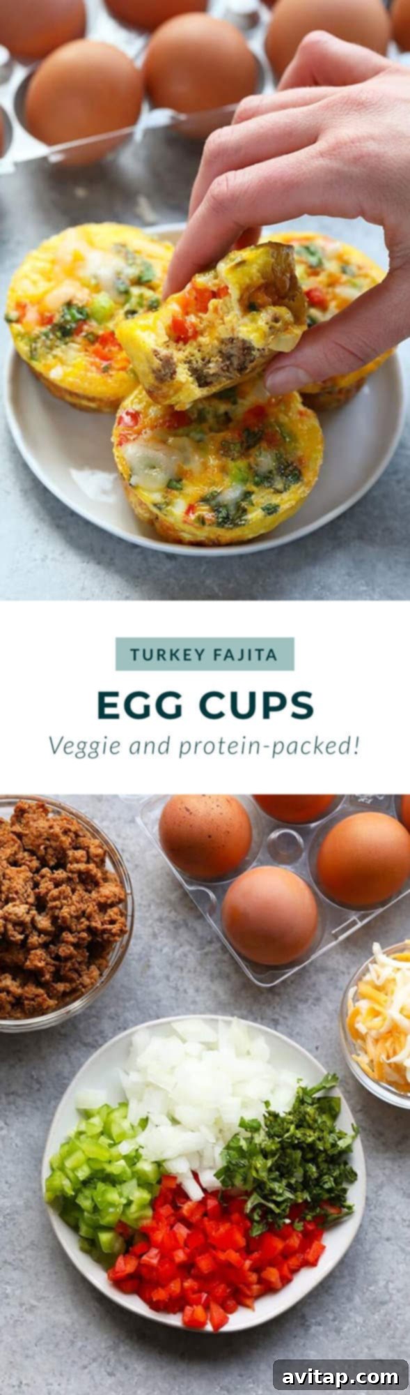A hand presenting two Turkey Fajita egg cups, showcasing their vibrant colors and hearty filling.