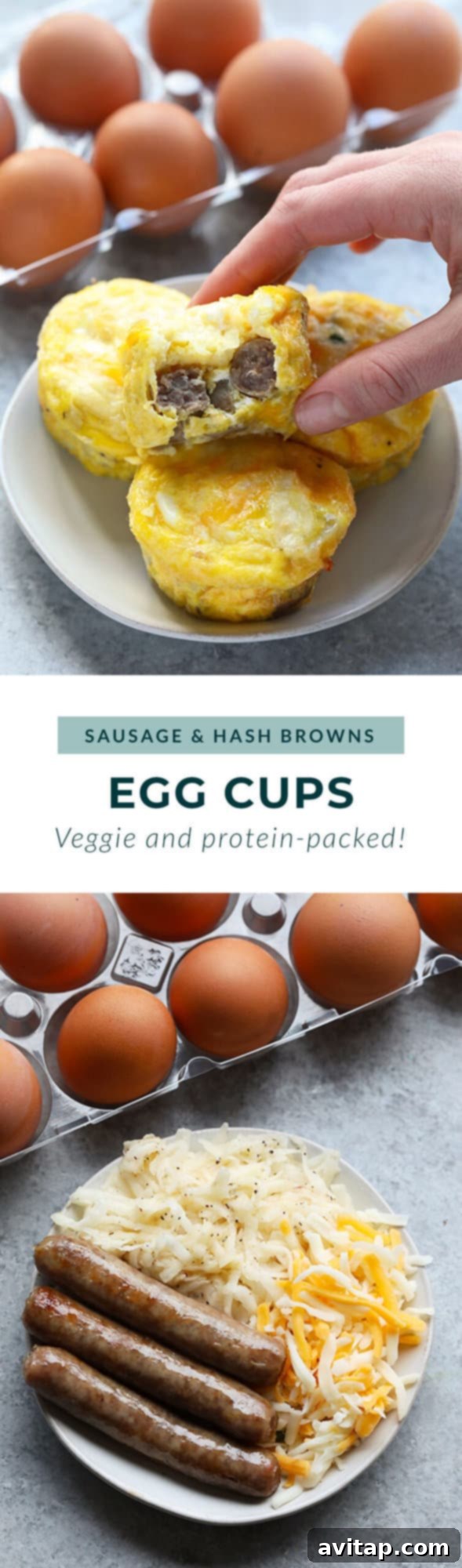 A hand holding a single All American egg cup on a plate, featuring a hash brown base, sausage, and cheese.