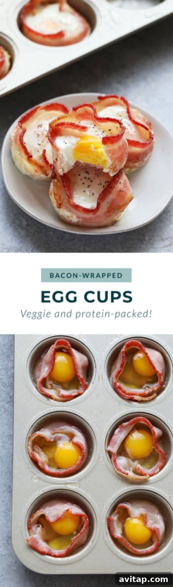 Plate of perfectly cooked bacon-wrapped egg cups, golden and crispy.