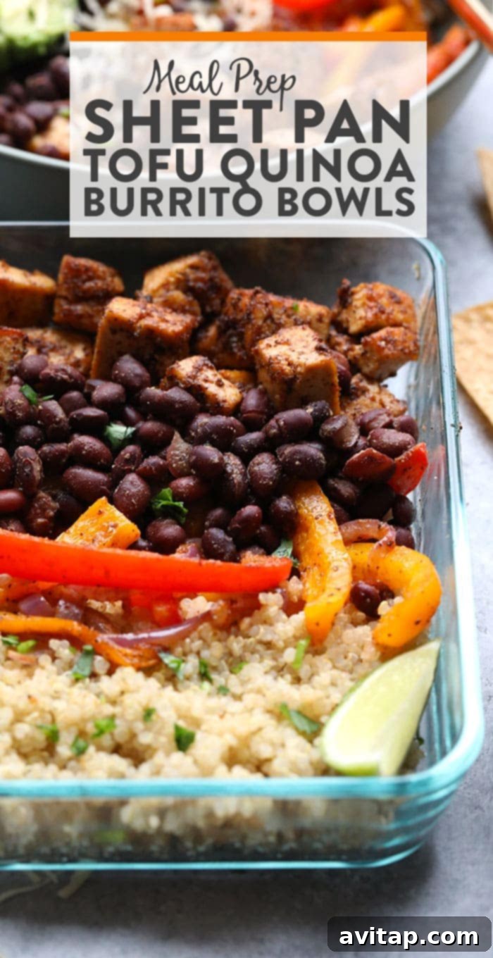 Colorful Sheet Pan Tofu Quinoa Burrito Bowls arranged on a baking sheet, showcasing fresh ingredients and vibrant colors, perfect for healthy meal prepping.