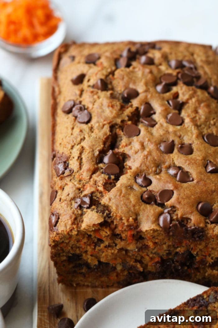 Delicious and healthy chocolate chip carrot cake loaf, golden brown and studded with chocolate chips and walnuts.