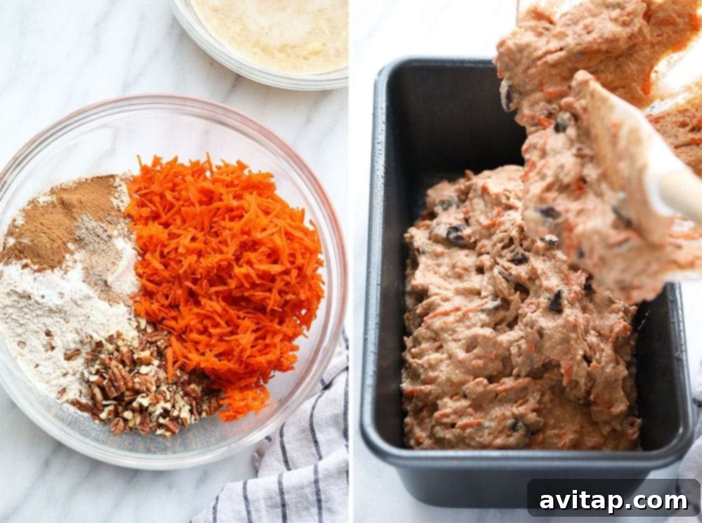 Ingredients for healthy carrot cake loaf in mixing bowls and a loaf pan, ready for baking.
