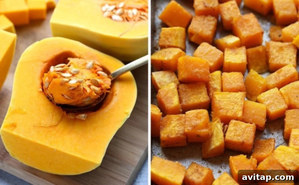 Close-up of perfectly roasted butternut squash cubes, golden brown and slightly caramelized, ready to be added to a Buddha bowl.