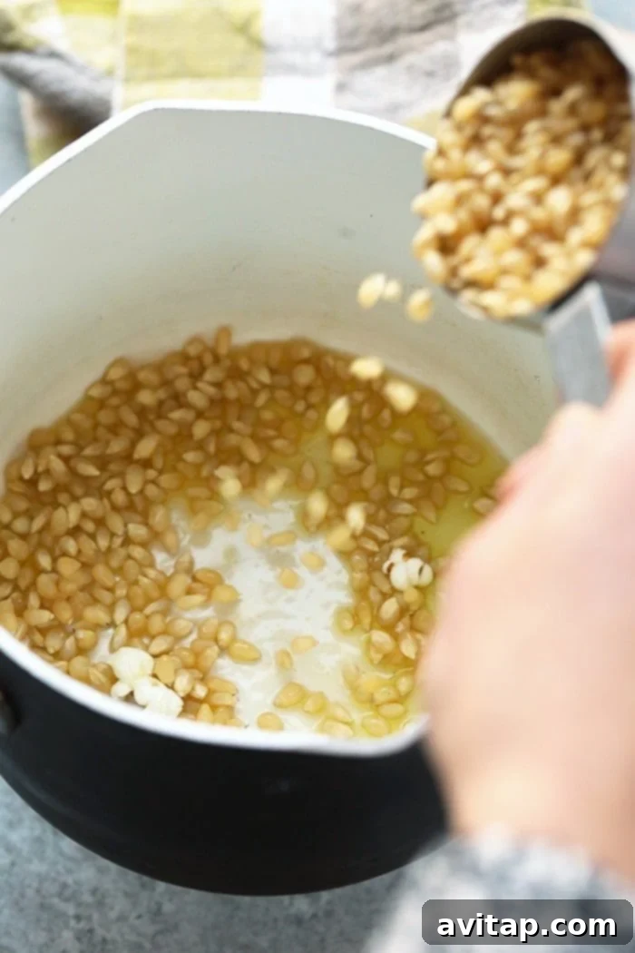 Close-up of popcorn kernels in a glass jar, ready for stovetop popping
