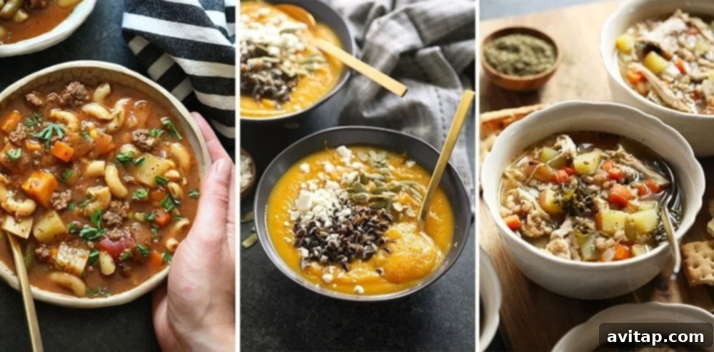 A collage of various healthy Instant Pot soup recipes