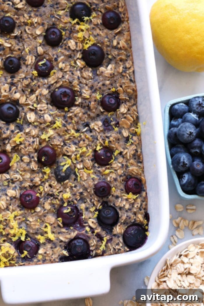 Lemon Blueberry Oatmeal Bake served in a square dish