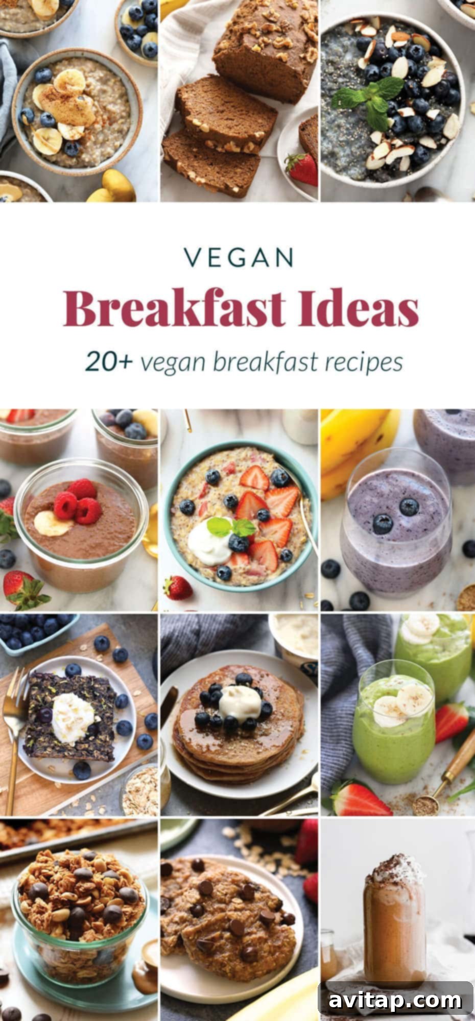 Delicious assortment of vegan breakfast recipes including avocado toast, oatmeal, and a smoothie.