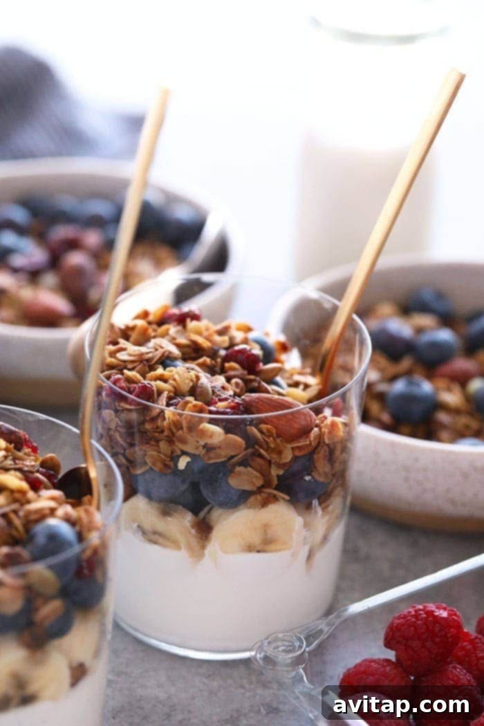 Healthy granola served in a cup over plant-based yogurt, garnished with berries.