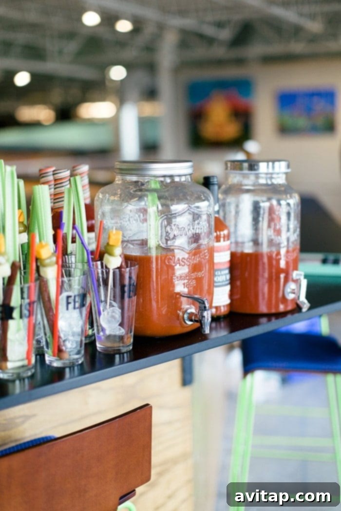 A vibrant and inviting Bloody Mary Bar, complete with fresh garnishes and Lorissa's Kitchen beef sticks, a popular feature at the event.