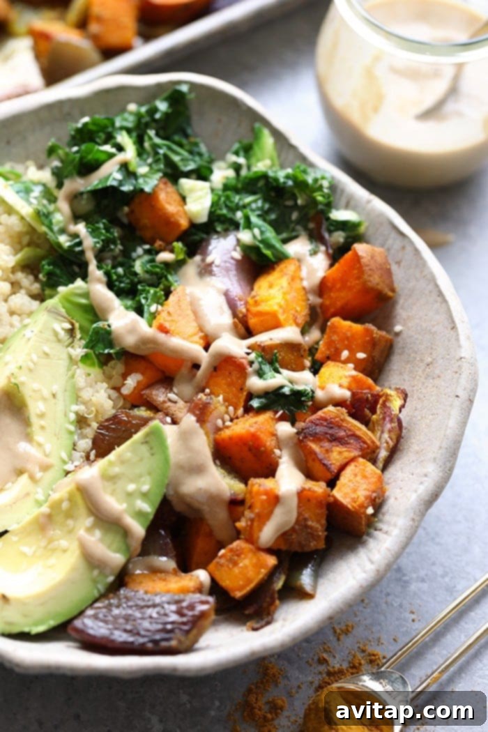 A delicious and healthy sweet potato buddha bowl, perfectly assembled for a satisfying meal.
