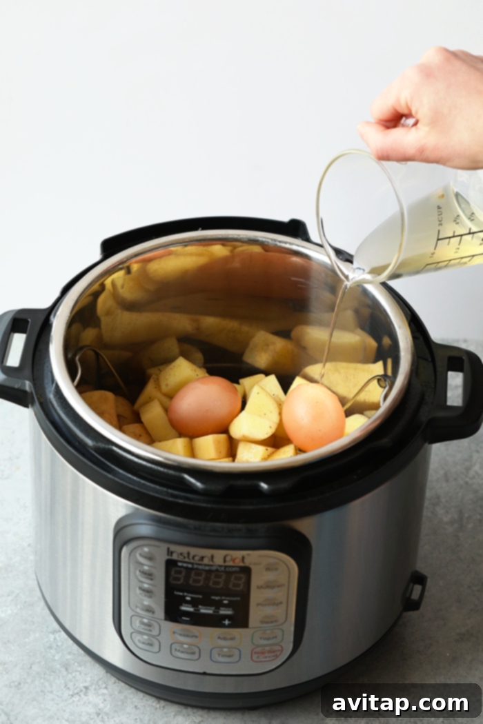 A close-up of a hand pouring a mixture of water and apple cider vinegar into an Instant Pot over chopped potatoes and two eggs resting on a metal trivet.