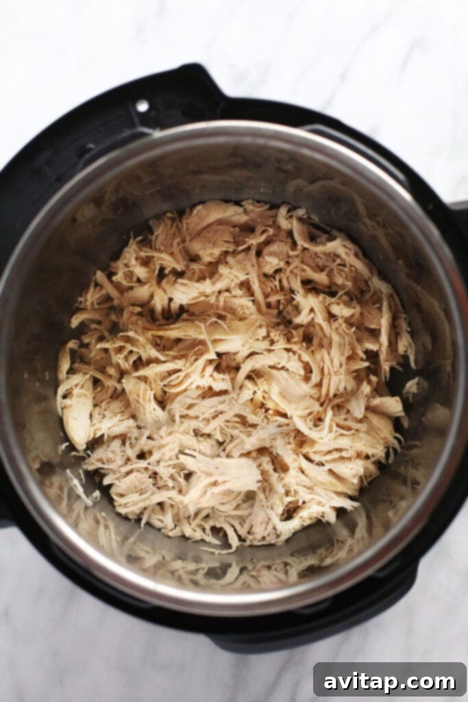 Perfectly cooked shredded chicken in an Instant Pot, ready for meal prep and versatile culinary uses.