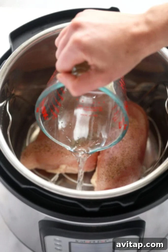 Water being poured into the Instant Pot base, a crucial first step for pressure cooking chicken, ensuring proper steam generation.