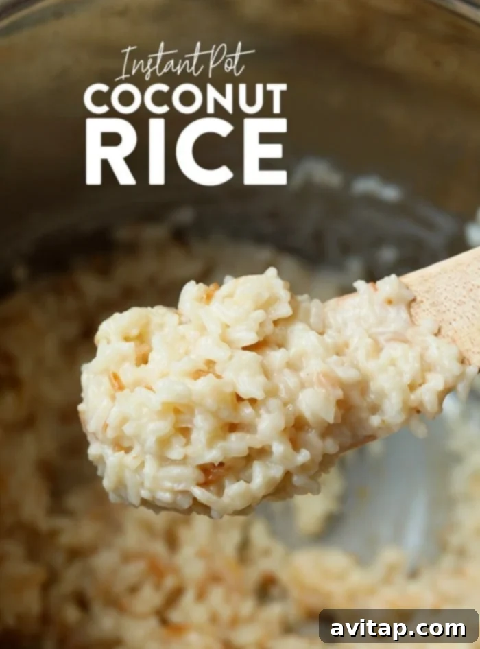 A bowl of Instant Pot Coconut Rice with a serving spoon, showcasing its perfect texture.
