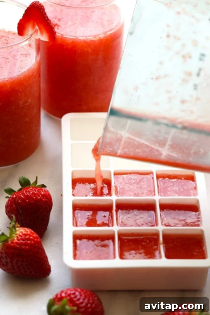 Make this easy frose recipe in less than 10 minutes with whole froen fruit, rose, agave nectar, and rum! Pouring frose mixture into an ice cube tray for freezing and later enjoyment.