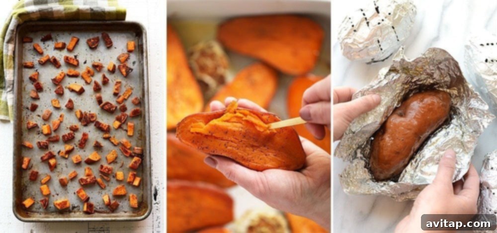Versatile Ways to Prepare Sweet Potatoes A visual guide showing different prepared sweet potato dishes like fries, baked halves, and cubes, illustrating diverse cooking methods.