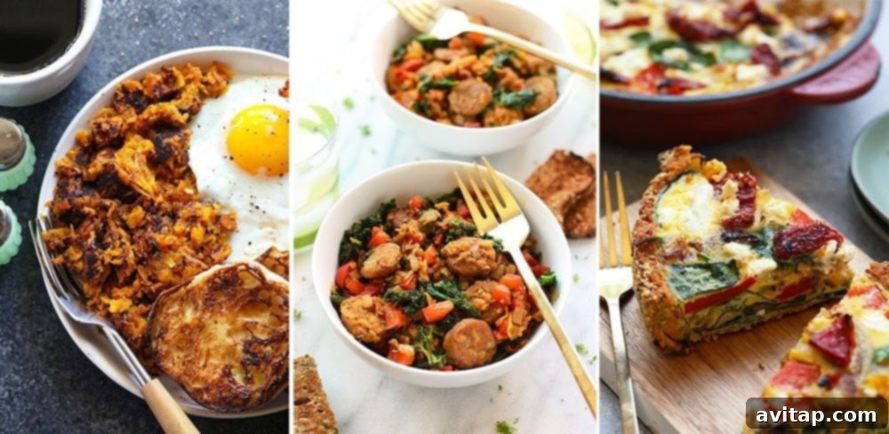 Sweet Potato Breakfast Ideas A selection of sweet potato breakfast dishes including hashes, pancakes, and burritos.