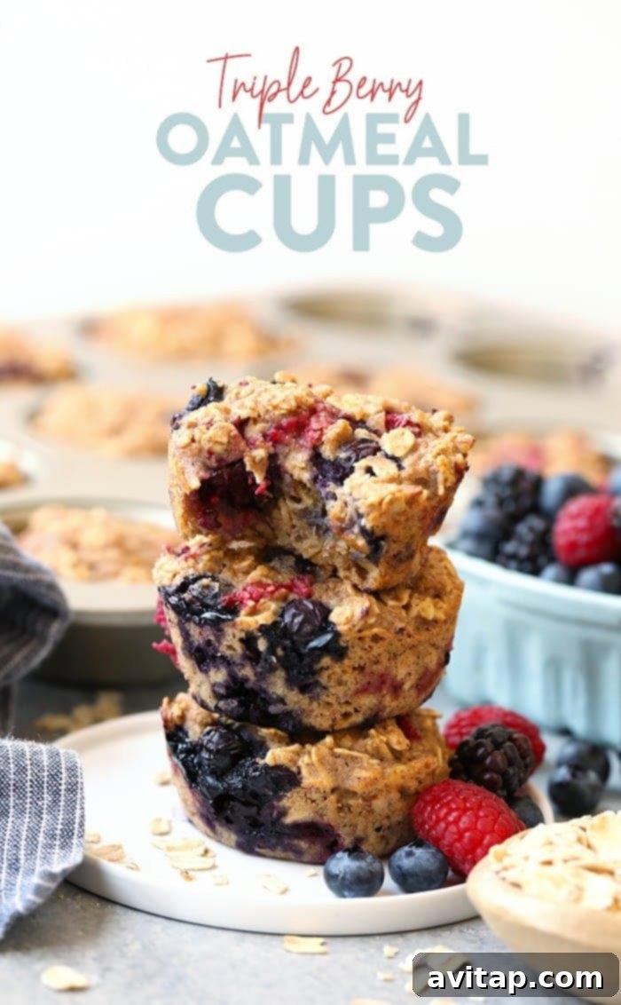 Triple Berry Baked Oatmeal Cups: The Perfect Grab-and-Go Meal Prep Breakfast Stacked Triple Berry Baked Oatmeal Cups with a bite taken out, showcasing the berry filling