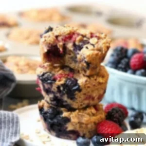 Triple Berry Baked Oatmeal Cups 2 stack of baked oatmeal cups.