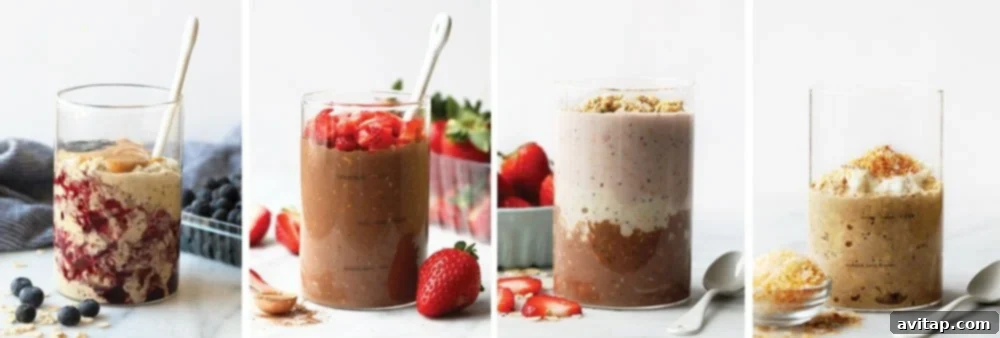 Various jars of colorful overnight oats on a countertop.