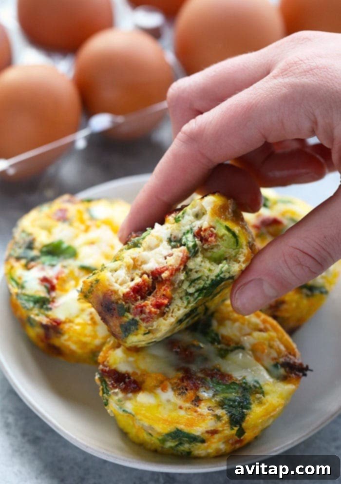 Delicious and healthy spinach egg muffins with sun-dried tomatoes and feta, perfect for a high-protein breakfast or snack.