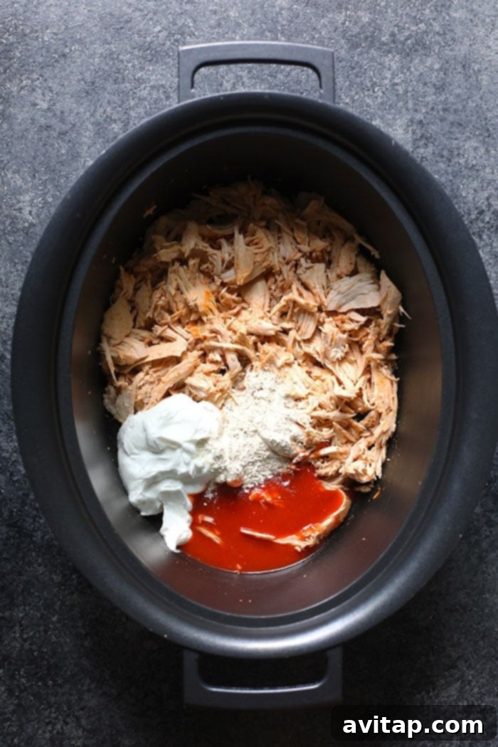 Close-up shot of the raw ingredients for buffalo chicken dip, including chicken, hot sauce, Greek yogurt, ranch seasoning, and water, neatly arranged around a slow cooker, ready for preparation.