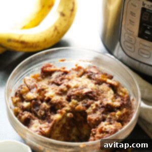A bowl of finished French toast casserole in front of an Instant Pot, showcasing the golden-brown top and delicious texture.