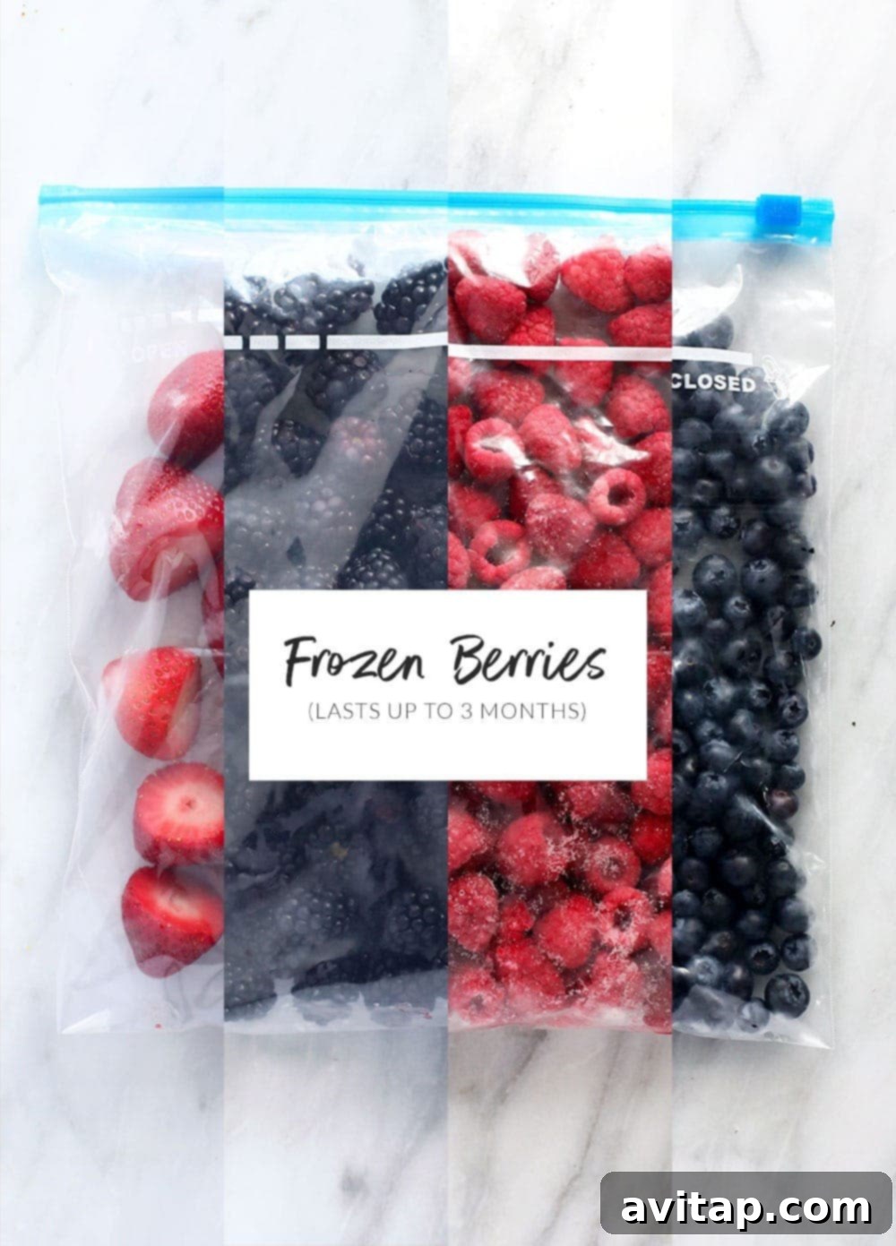Frozen berries stored in freezer-safe Ziploc bags, ready for use.