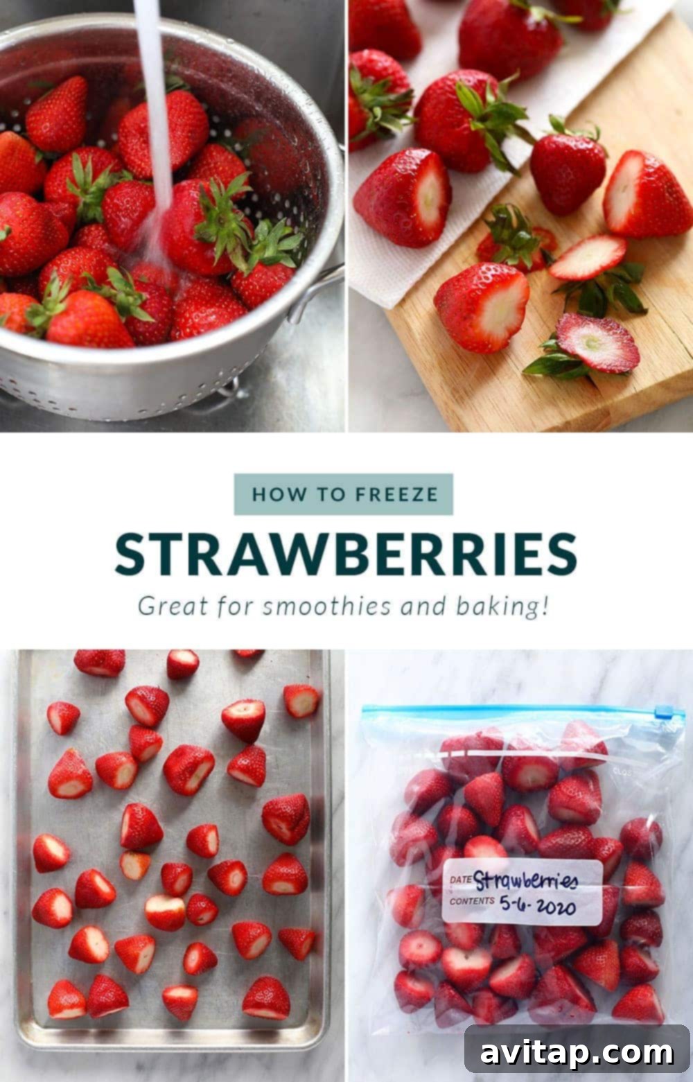 Step-by-step guide on how to freeze strawberries, showing washing, drying, and single-layer freezing.