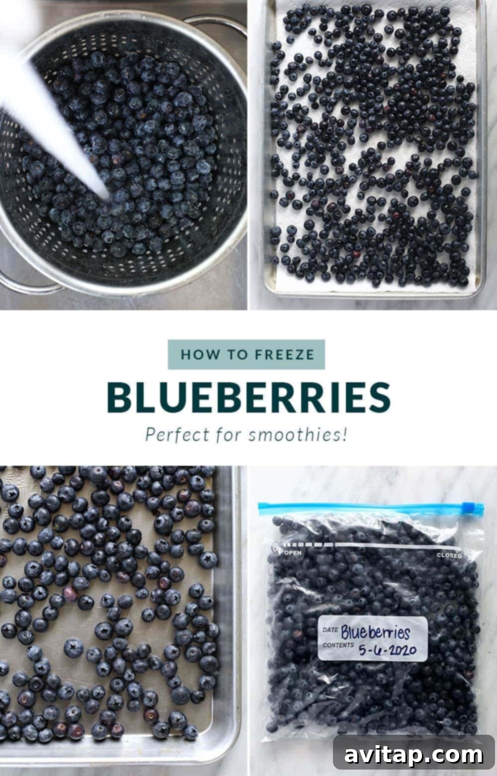 Step-by-step guide on how to freeze blueberries, showing washing, drying, and single-layer freezing.