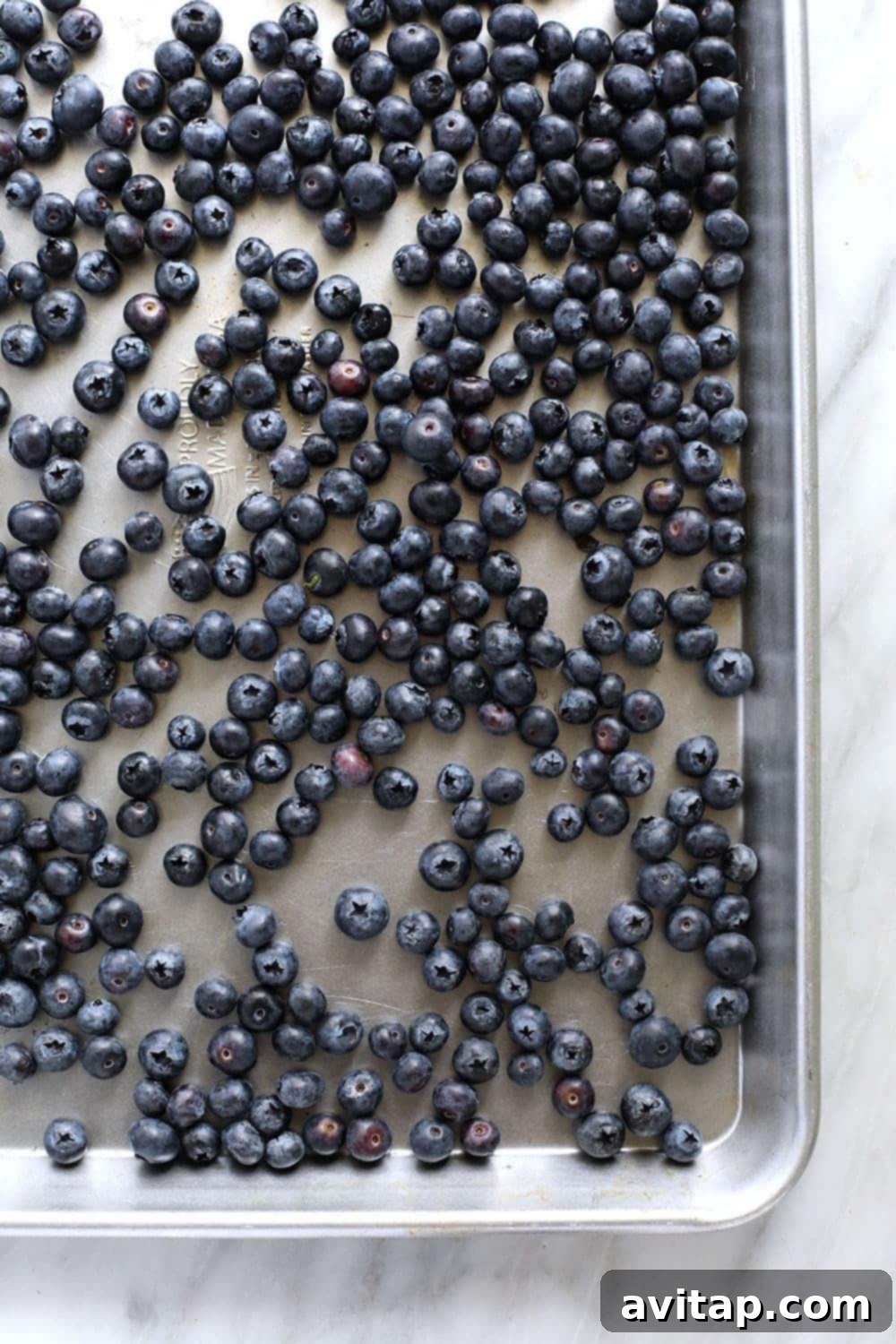 Frozen blueberries spread evenly on a baking sheet before transfer to storage.