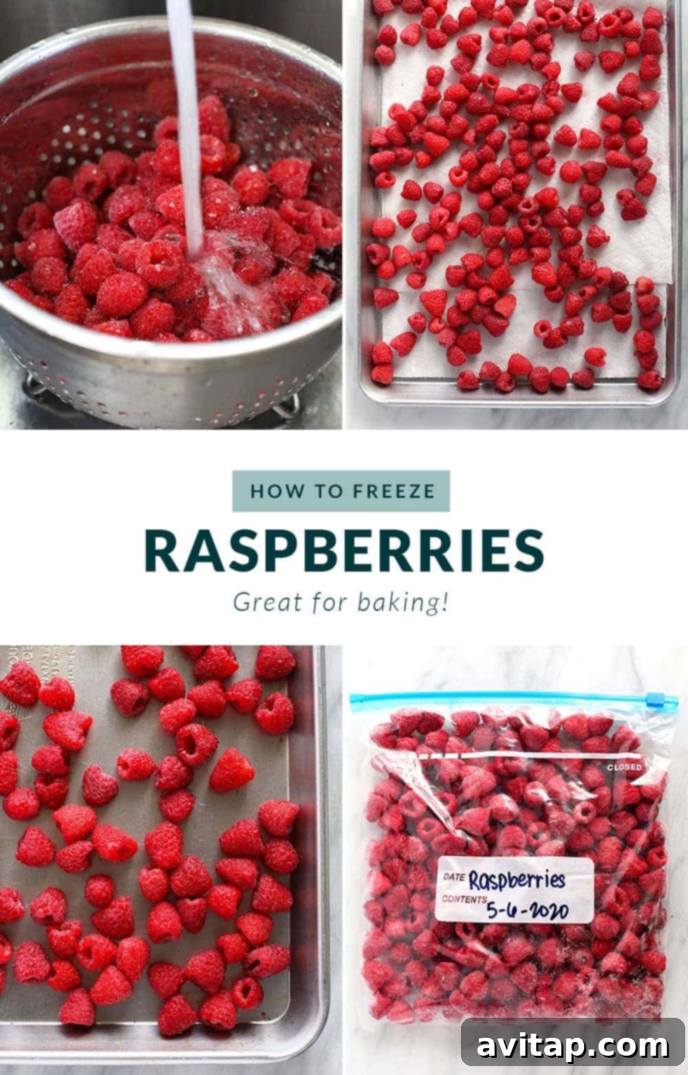 Step-by-step guide on how to freeze raspberries, showing washing, drying, and single-layer freezing.