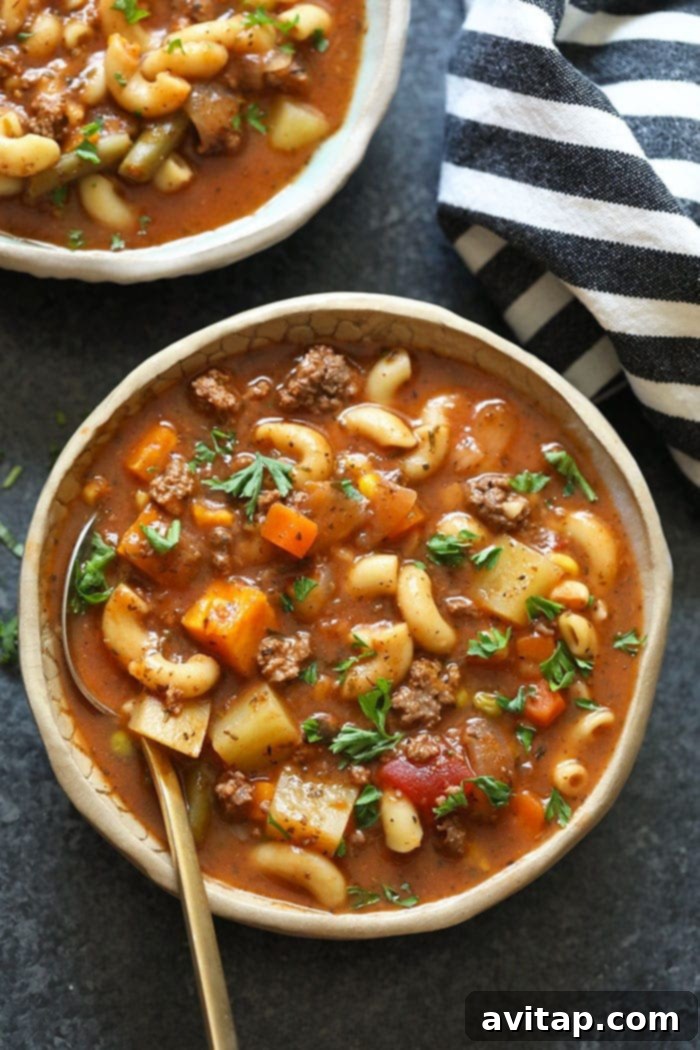 A vibrant bowl of delicious hamburger soup, garnished and ready to eat, highlighting its healthy and appetizing appearance.