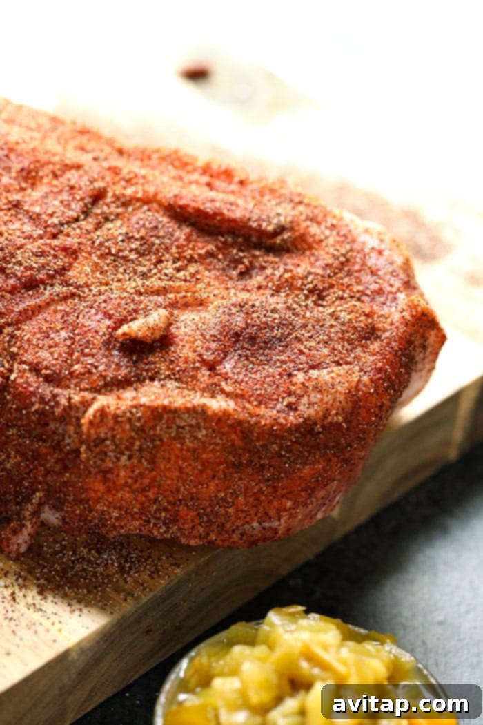 Pork shoulder generously coated in a rich, aromatic dry rub before cooking
