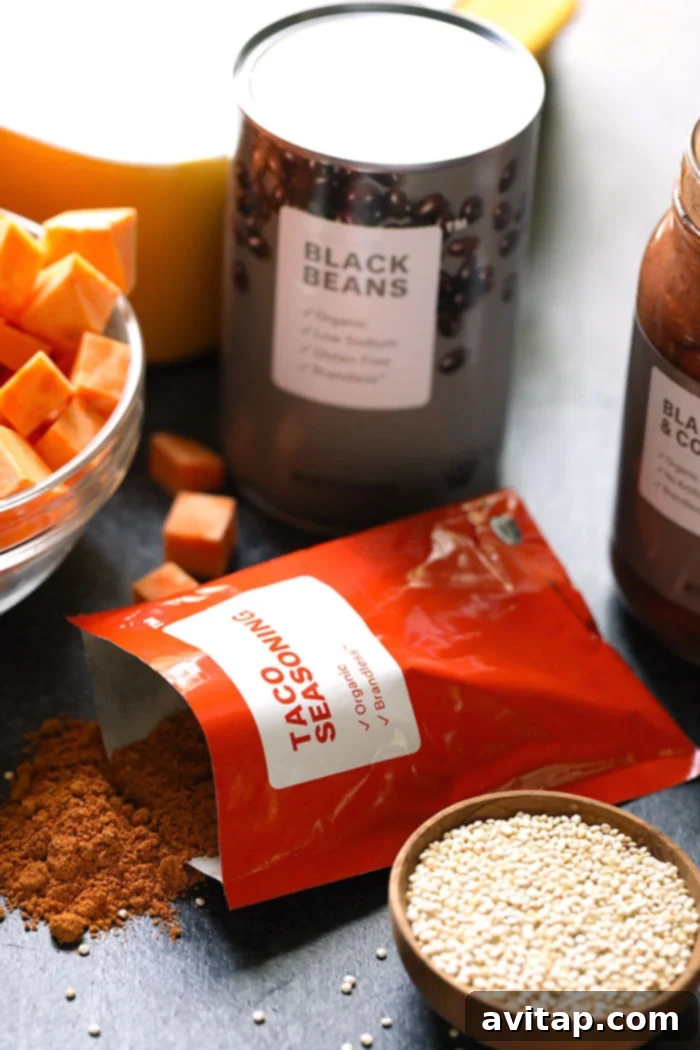 Ingredients for Mexican Quinoa Sweet Potato Casserole laid out on a table.