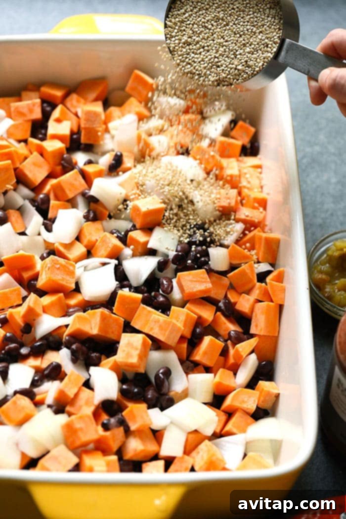 Close-up of the Mexican Quinoa Sweet Potato Casserole, ready to be served.