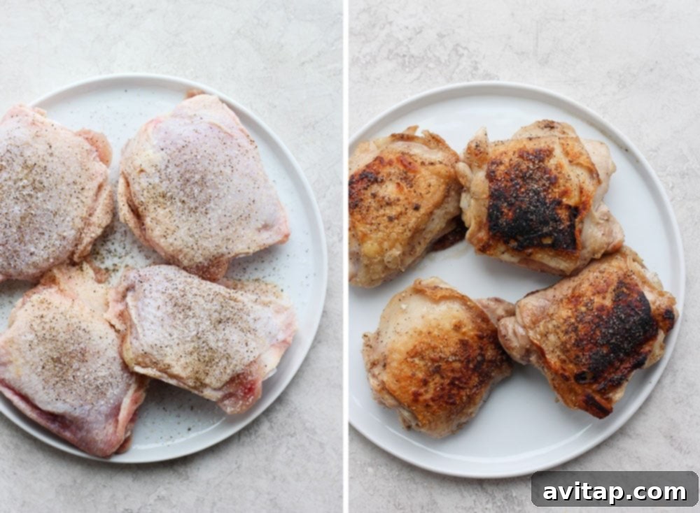 Well-seasoned chicken thighs ready for searing