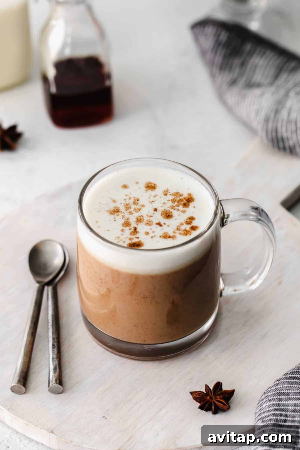 Close-up of a perfectly brewed chai tea latte in a stylish mug