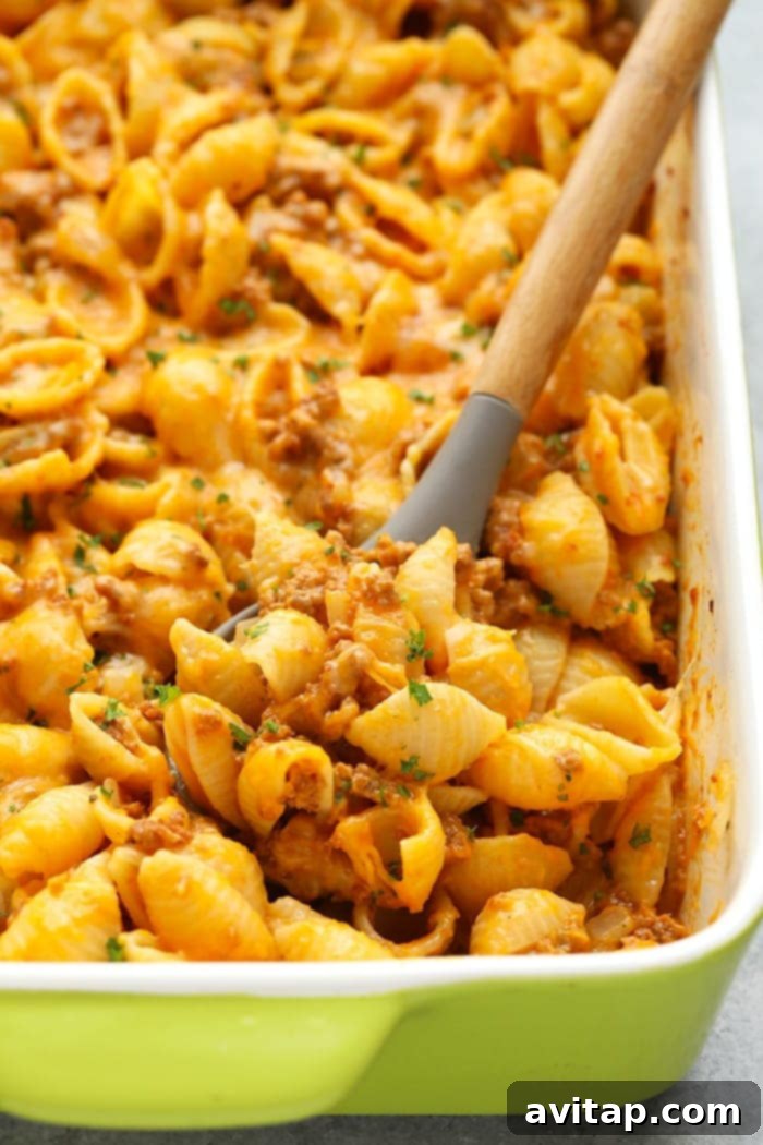 finished hamburger casserole in a baking dish