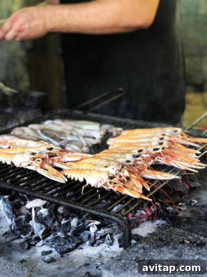 Croatian Seafood: A Grilling Delight on the Coast Delicious grilled shrimp skewers cooking on a barbecue, a popular seafood dish in Croatia.