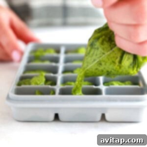 Fresh Homemade Pesto Made Easy 4 A person carefully pouring freshly made pesto into a reusable silicone ice cube tray, preparing it for freezing.