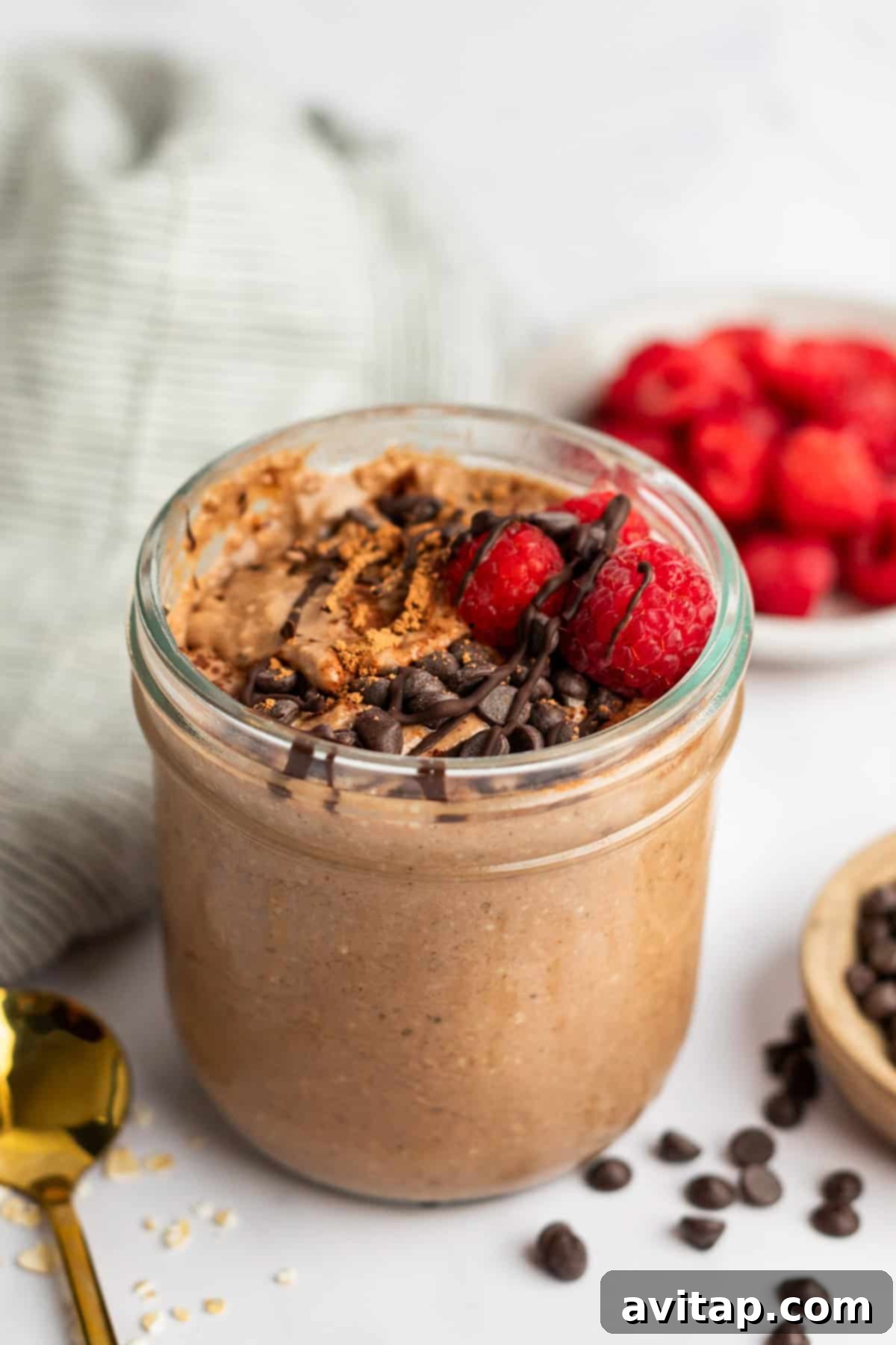 Velvet Chocolate Overnight Oats 4 A close-up shot of chocolate overnight oats with a spoon, highlighting the thick, creamy texture and ready to be enjoyed.