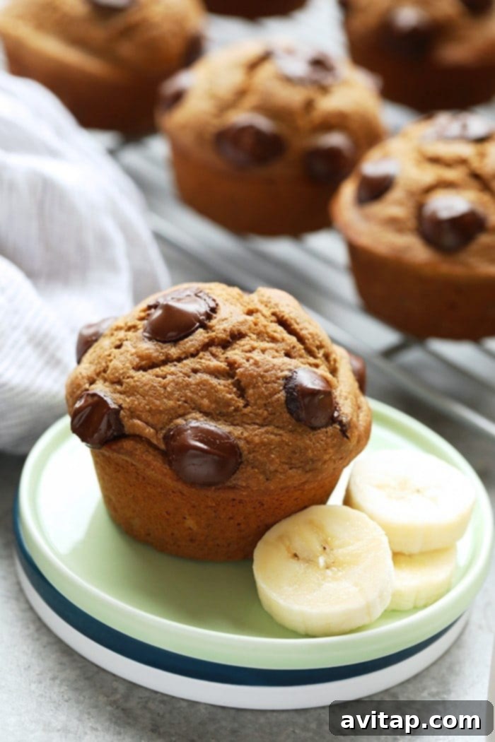 A perfectly baked healthy banana chocolate chip muffin on a plate, ready to be enjoyed.
