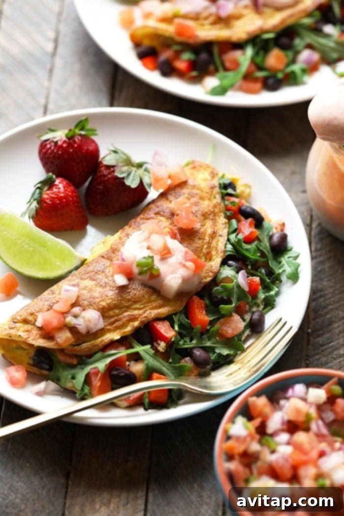 A colorful veggie-packed black bean omelette.