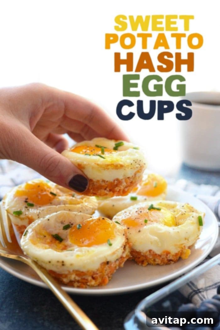 Sweet potato hash egg cups in a muffin tin.