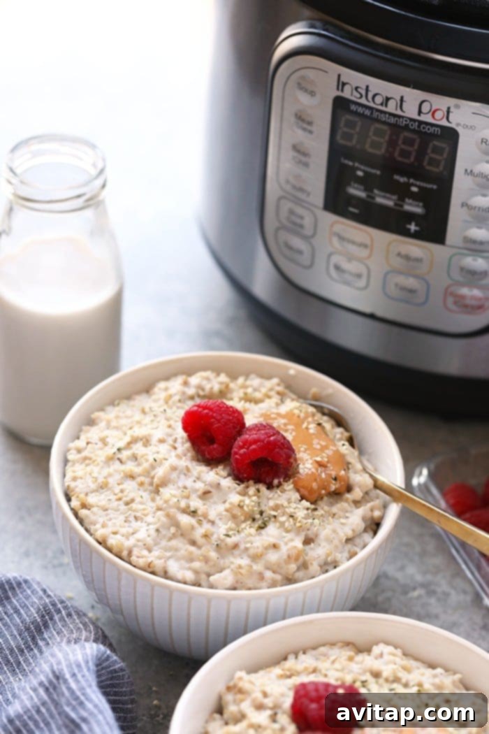 Get ready for these 10-Minutes Instant Pot Steel Cut Oats! Meal-prep your way into the week by prepping these Steel Cut Oats in the Instant Pot for breakfast all week long. Top them with your favorite nut butter, berries, or some hemp seeds. The options are endless! Quick 10-minute Instant Pot steel cut oats for vegan meal prep breakfast