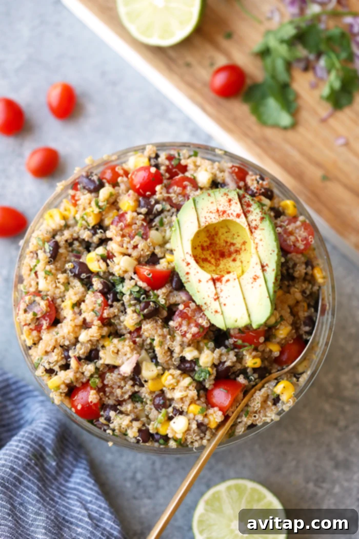 Make this light and refreshing quinoa salad recipe with ingredients you probably already have on hand! This flavorful Mexican salad is vegan and gluten-free and the perfect vegetarian meal to add to your rotation. Flavorful vegan and gluten-free Mexican quinoa salad for a light meal