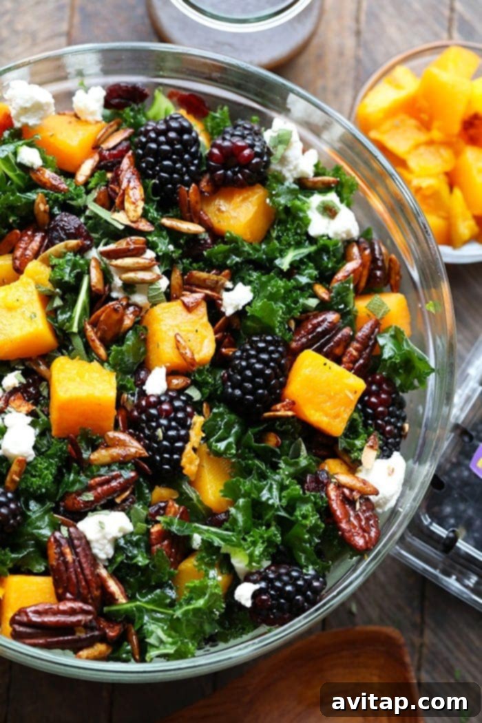 This Harvest Blackberry and Butternut Squash Massaged Kale Salad is an excellent healthy lunch or dinner and even doubles as a holiday salad to share. It’s made with roasted butternut squash, candied nuts, Driscoll’s blackberries, and massaged kale with a homemade dressing! Festive harvest blackberry and butternut squash massaged kale salad