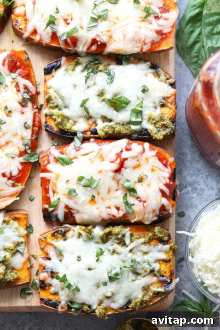 Wow the fam with these amazing grilled sweet potato pizzas! All you need is sweet potatoes, your favorite marinara sauce or pesto, mozzarella, and your favorite pizza toppings for this healthy 30 minute meal. Healthy 30-minute grilled sweet potato pizzas with marinara and mozzarella