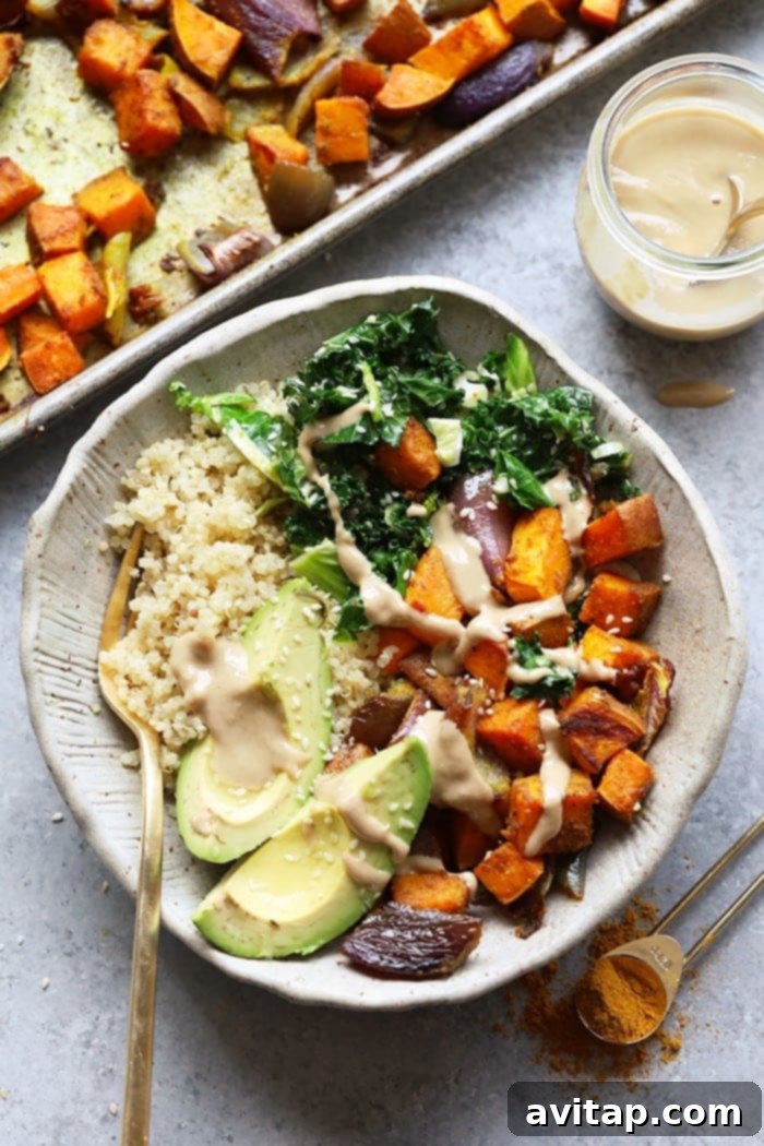 If you are looking for a delicious and healthy recipe to make for dinner tonight, try this sweet potato vegan buddha bowl recipe. This buddha bowl recipe is ready in under an hour and is packed with veggies, whole grains, and tasty tahini. It is perfect for a meatless dinner or for a meal-prep lunch for the week. Wholesome sweet potato vegan buddha bowl with tahini dressing